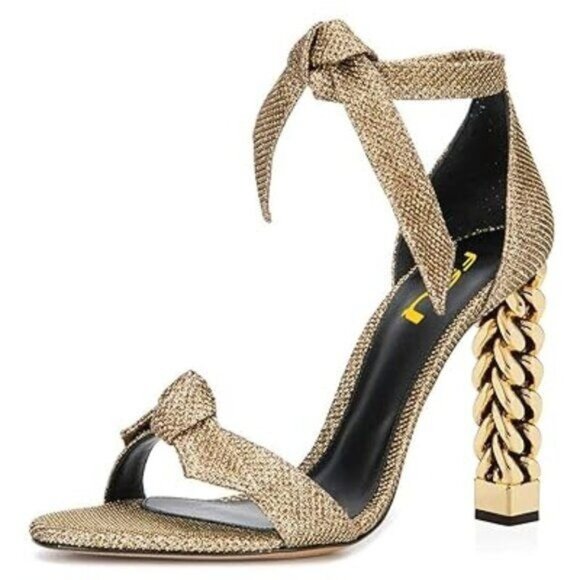 FSJ Women Flower Gold Metal Chain Chunky High Heels Ankle Strap Sandals Open Toe - Picture 1 of 8